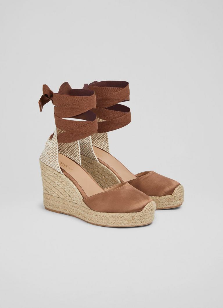 Esmerelda Brown Satin Espadrille Wedges Sale Collections