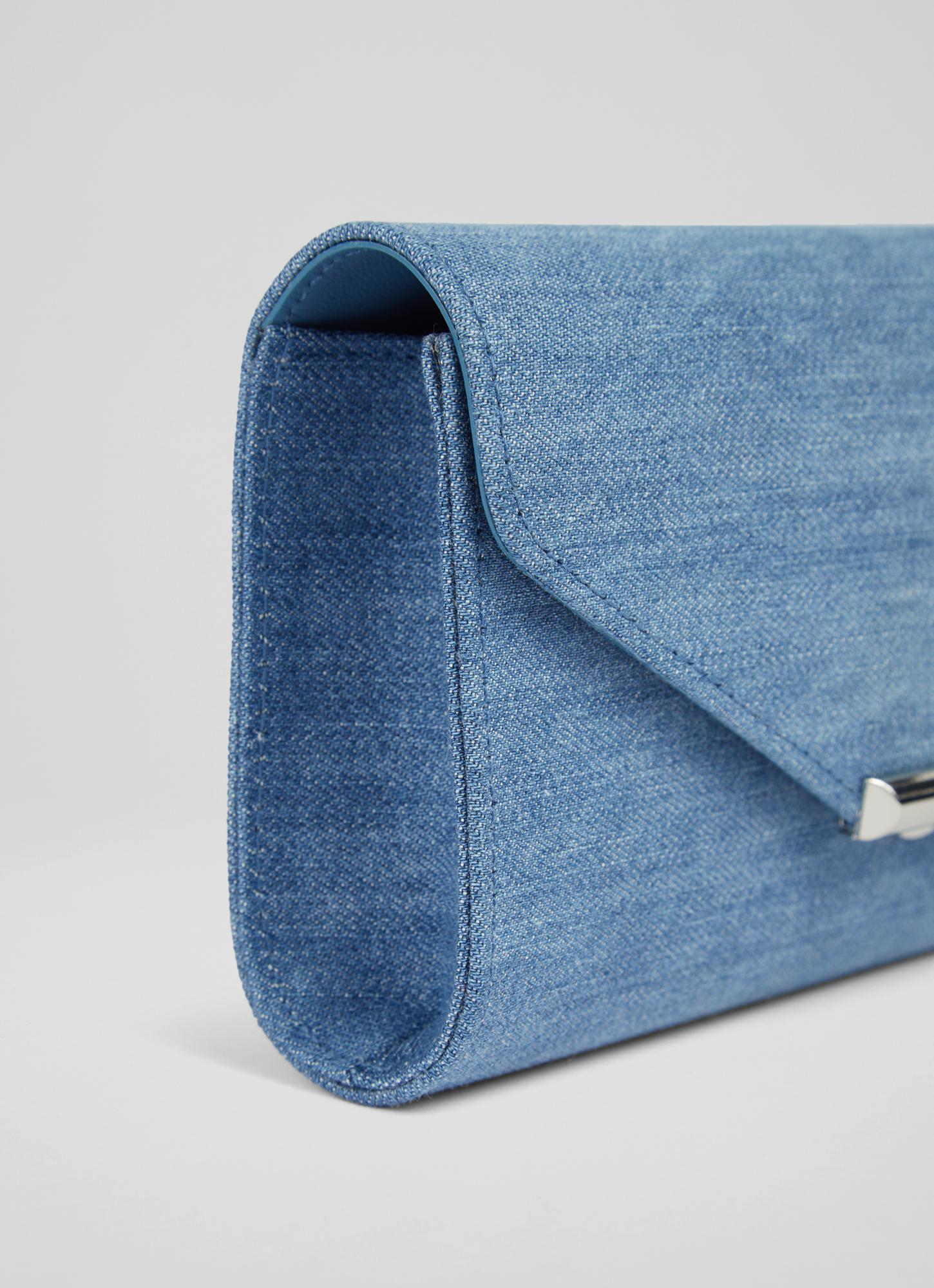 Denim Studded Flap Shoulder Clutch Bag - Distressed Jeans Fabric, Removable Chain Strap, 12x7.5 Inches - View #8