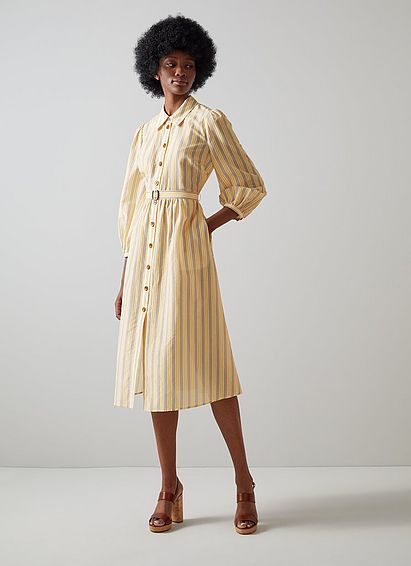 Aarons Cream And Yellow Stripe Cotton-Silk Shirt Dress, Yellow