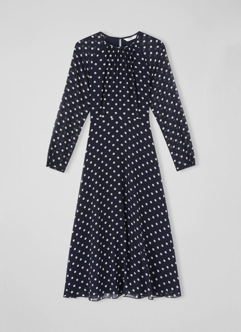 Addison Navy and Cream Spot Recycled Polyester Dress Sale Collections L.K.Bennett London