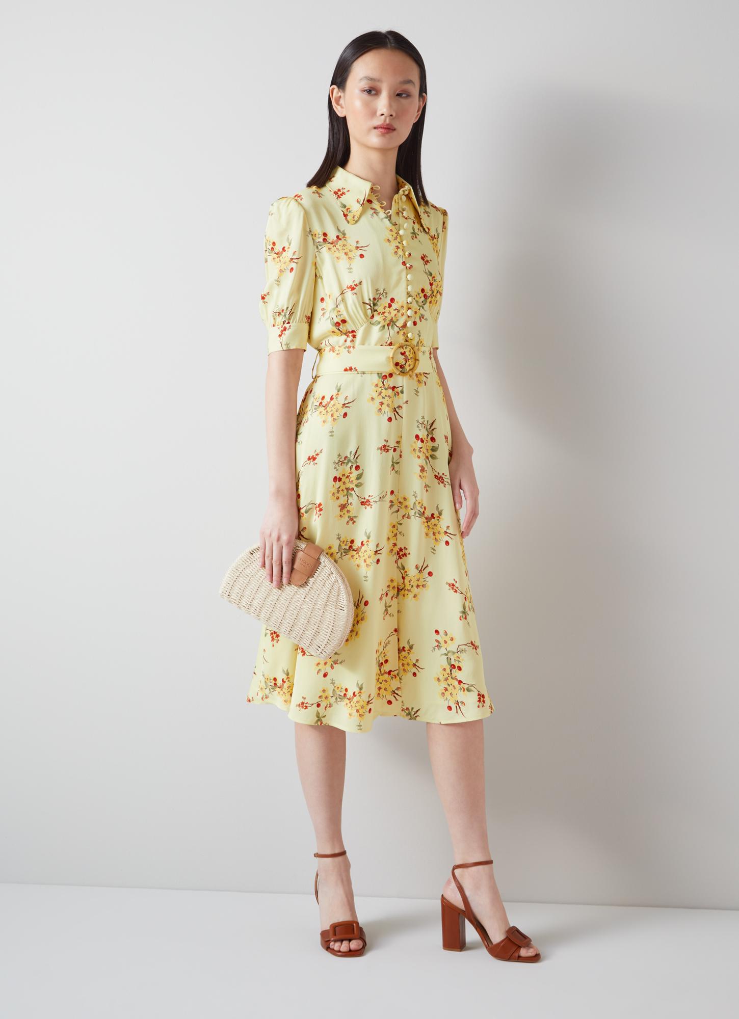 Amor Yellow and Red Cherry Blossom Print Crepe Dress, Yellow