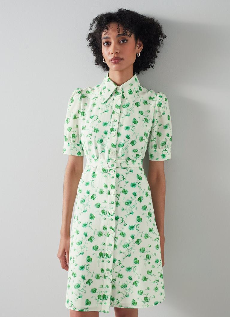 Amy Green and Cream Floral Weavers Print Cotton Silk Shirt Dress The Archive Sale L.K.Bennett London