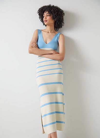 Azul Striped Cotton and LENZING ECOVERO Viscose Ribbed Dress Pale Blue Ivory, Pale Blue Ivory