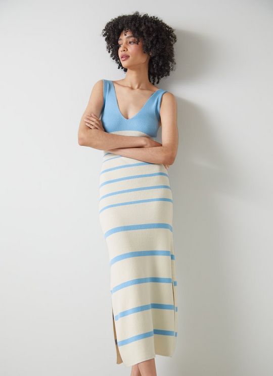 L.K.Bennett Azul Striped Cotton and  Ribbed Dress with  LENZING ECOVERO viscose Pale Blue Ivory, Pale Blue Ivory