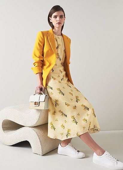 Boyd Cream Mimosa Print Silk Midi Dress Yellow, Yellow