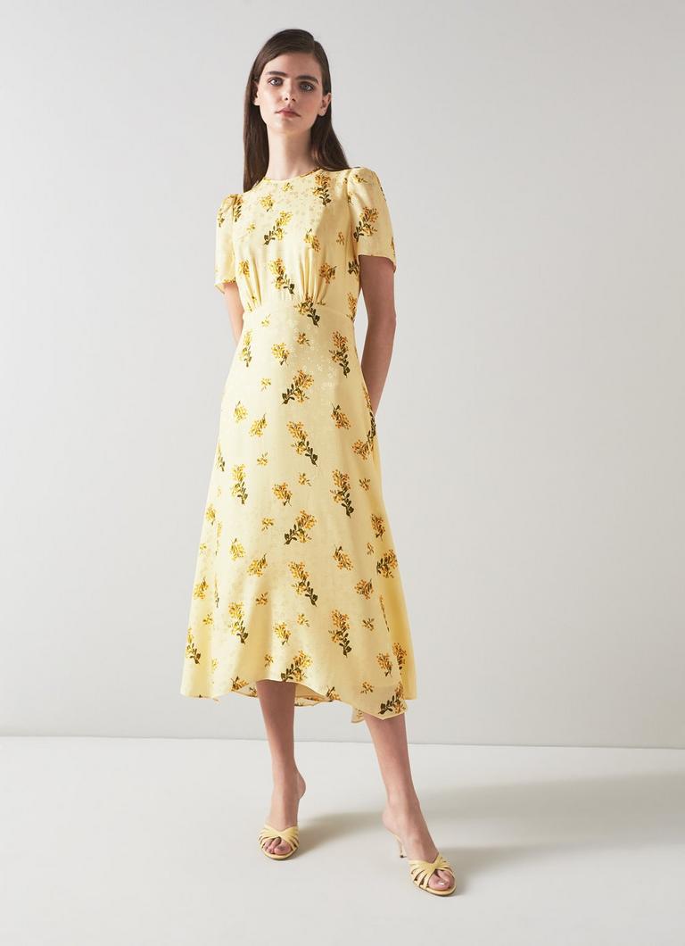 Boyd Cream Mimosa Print Silk Midi Dress