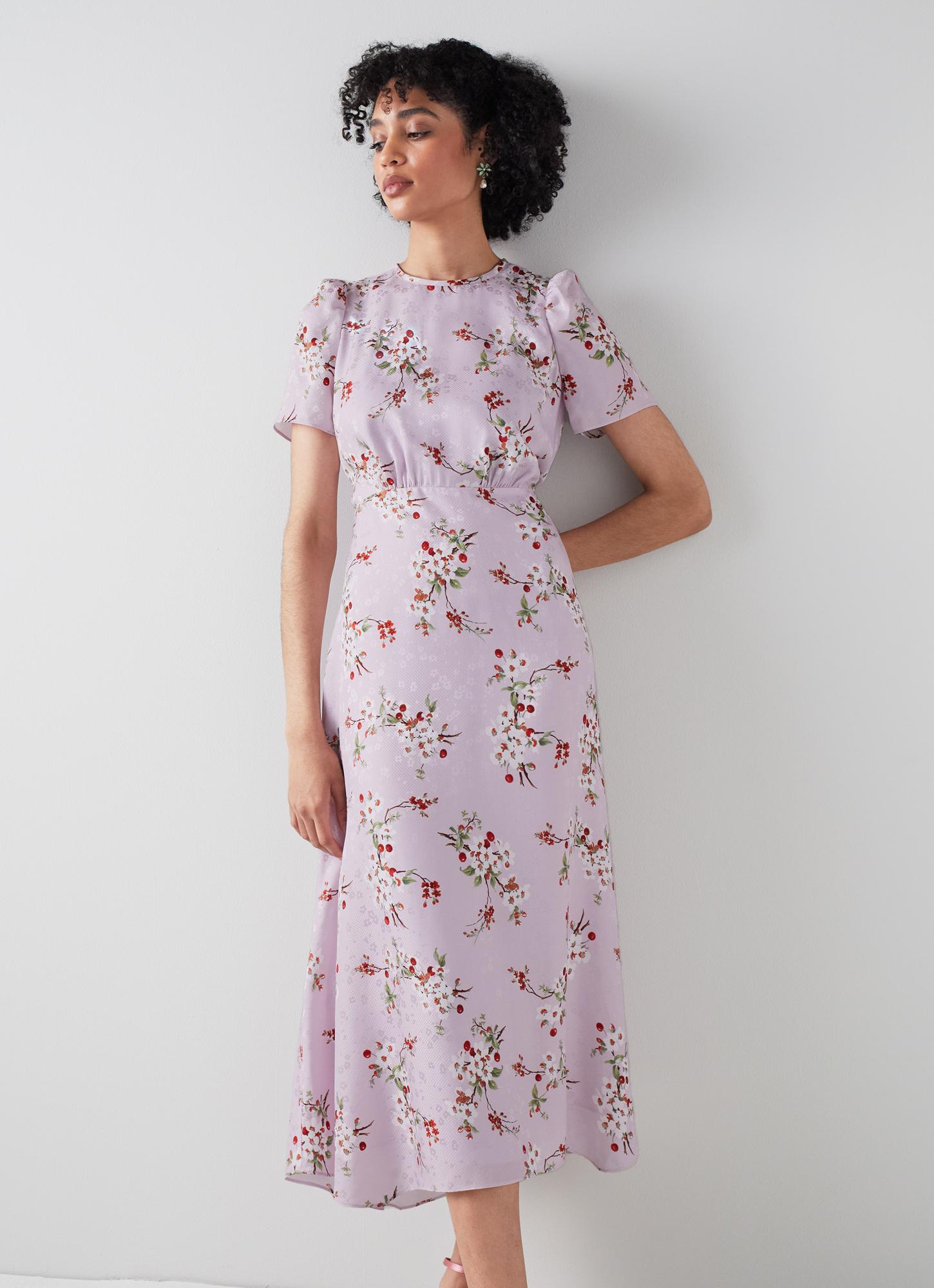 L.K.Bennett Boyd Lilac and Red Cherry Blossom Print Silk Jacquard Dress, Purple