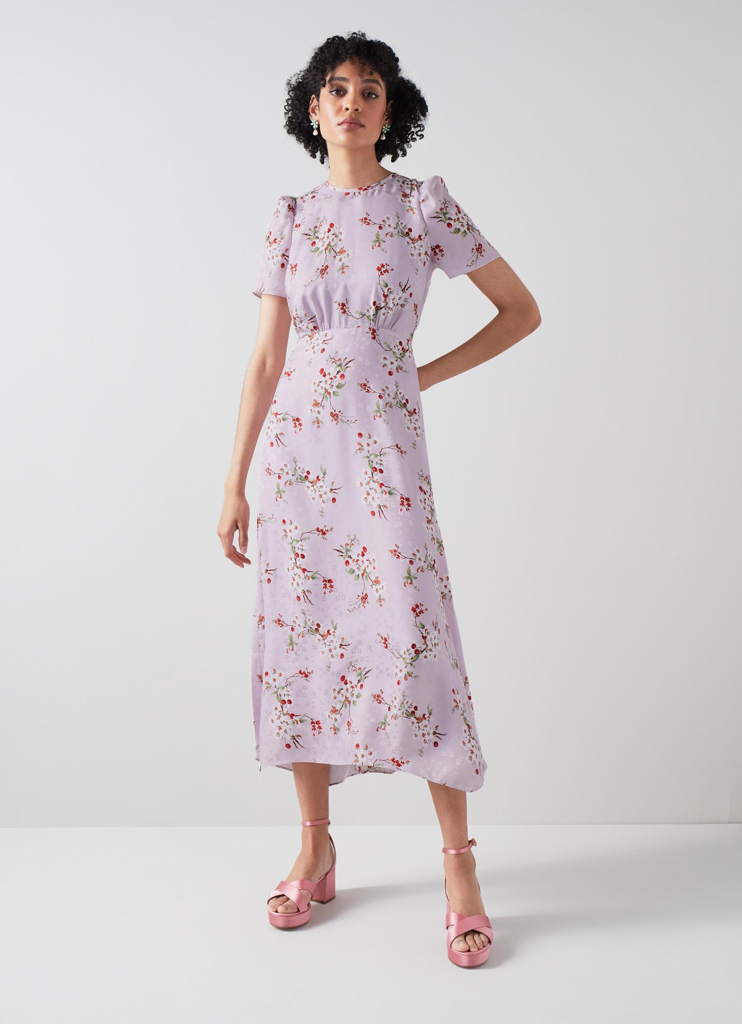 Boyd Lilac and Red Cherry Blossom Print Silk Jacquard Dress The