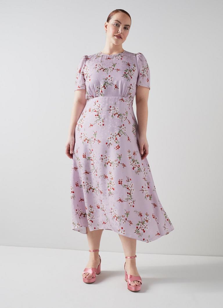 Boyd Lilac and Red Cherry Blossom Print Silk Jacquard Dress