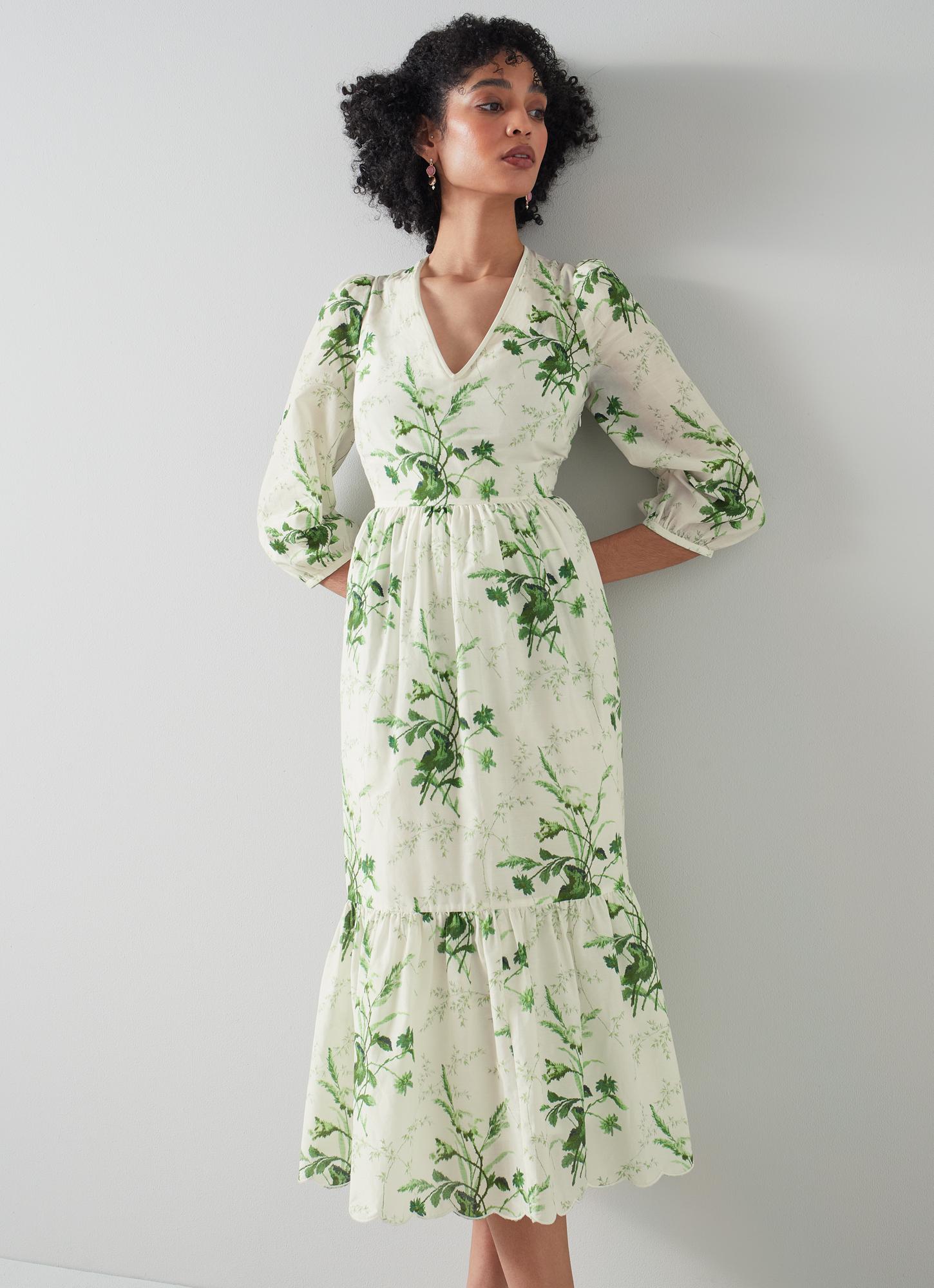 Bronte White and Green Meadow Scene Print Silk-Cotton Dress | The Archive  Sale | L.K.Bennett, London