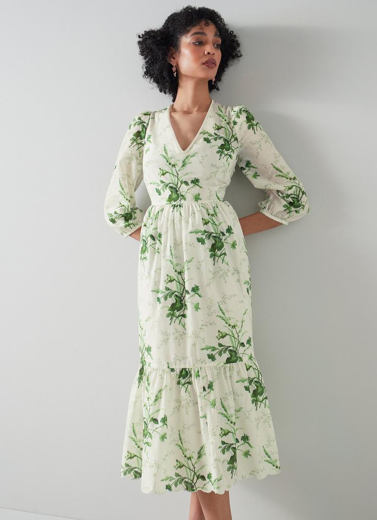 Bronte White and Green Meadow Scene Print Silk-Cotton Dress | The Archive Sale | L.K.Bennett, London Bronte White and Green Meadow Scene Print Silk-Cotton Dress | The Archive Sale | L.K.Bennett, London