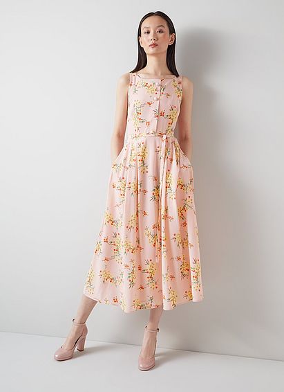 Callie Pink and Yellow Cherry Blossom Print Silk Dress, Pink