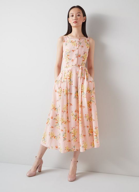 L.K.Bennett Callie Pink and Yellow Cherry Blossom Print Silk Dress, Pink