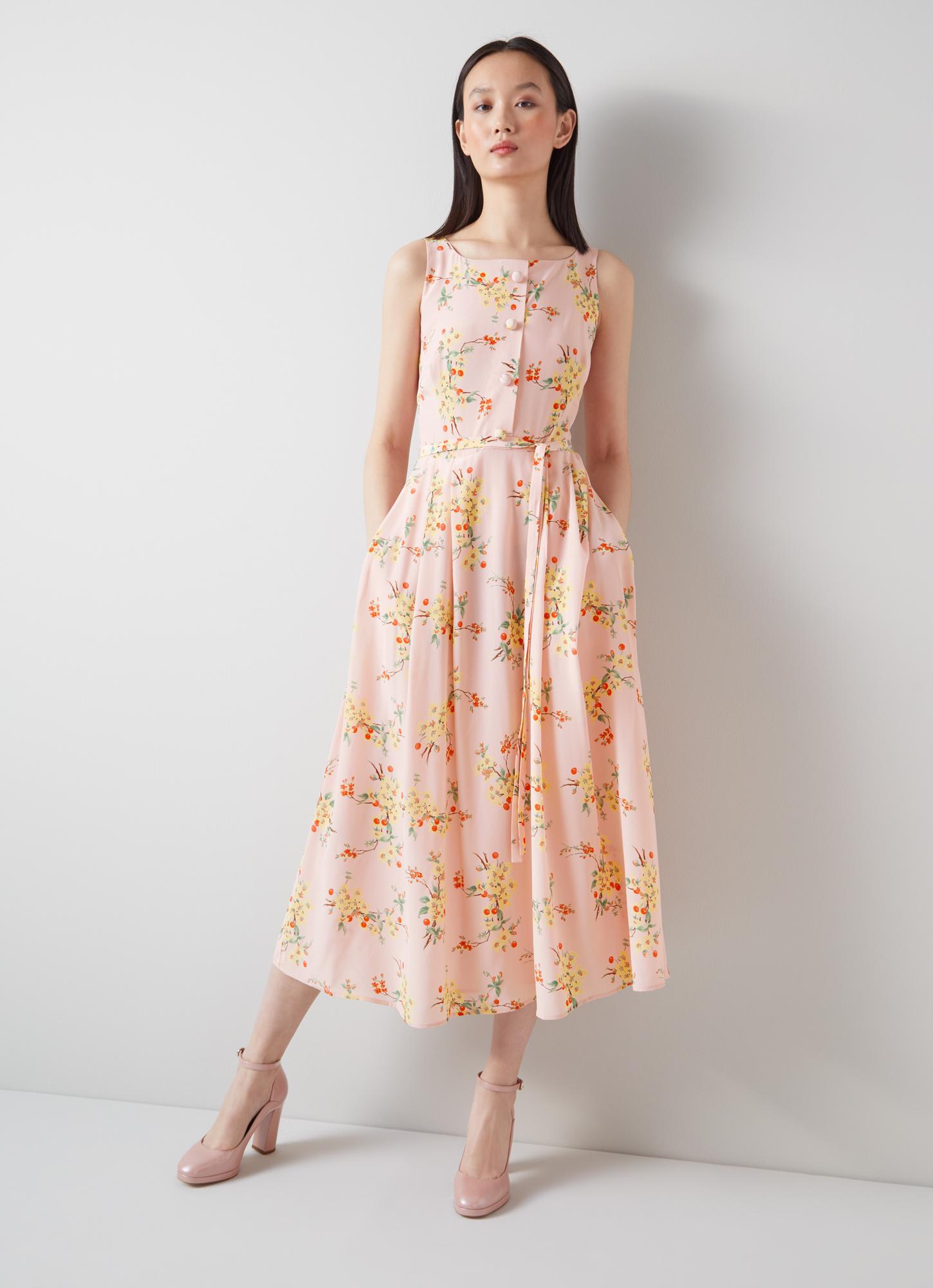 L.K.Bennett Callie Pink and Yellow Cherry Blossom Print Silk Dress, Pink