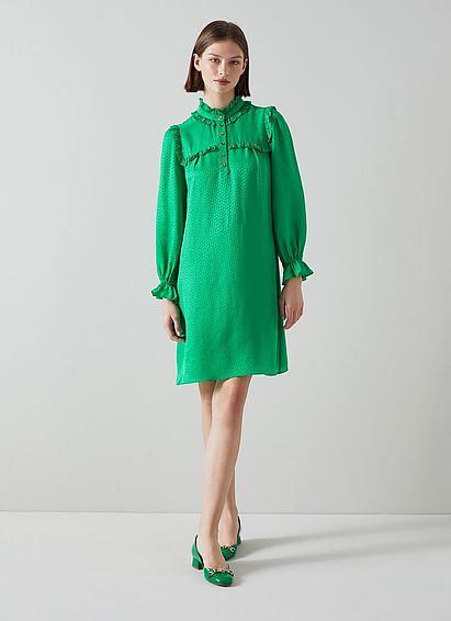 Edie Green Silk-Blend Ruffle Collar Dress, Green