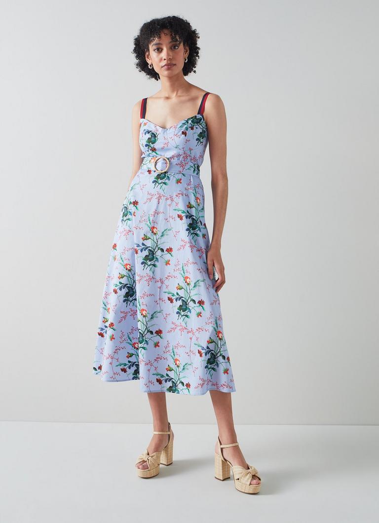 Eleni Blue Cotton Meadow Scene Sun Dress