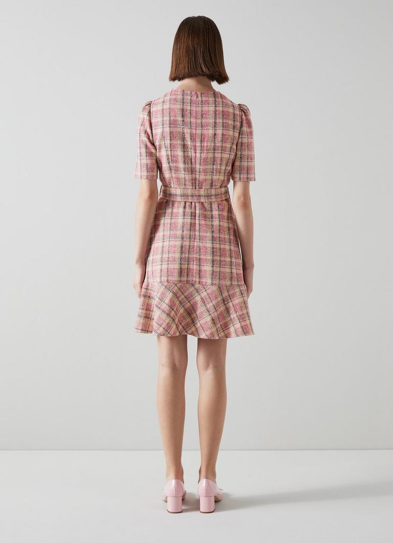 Eliza Pink Cotton Raffia Blend Check Tweed Dress Sale