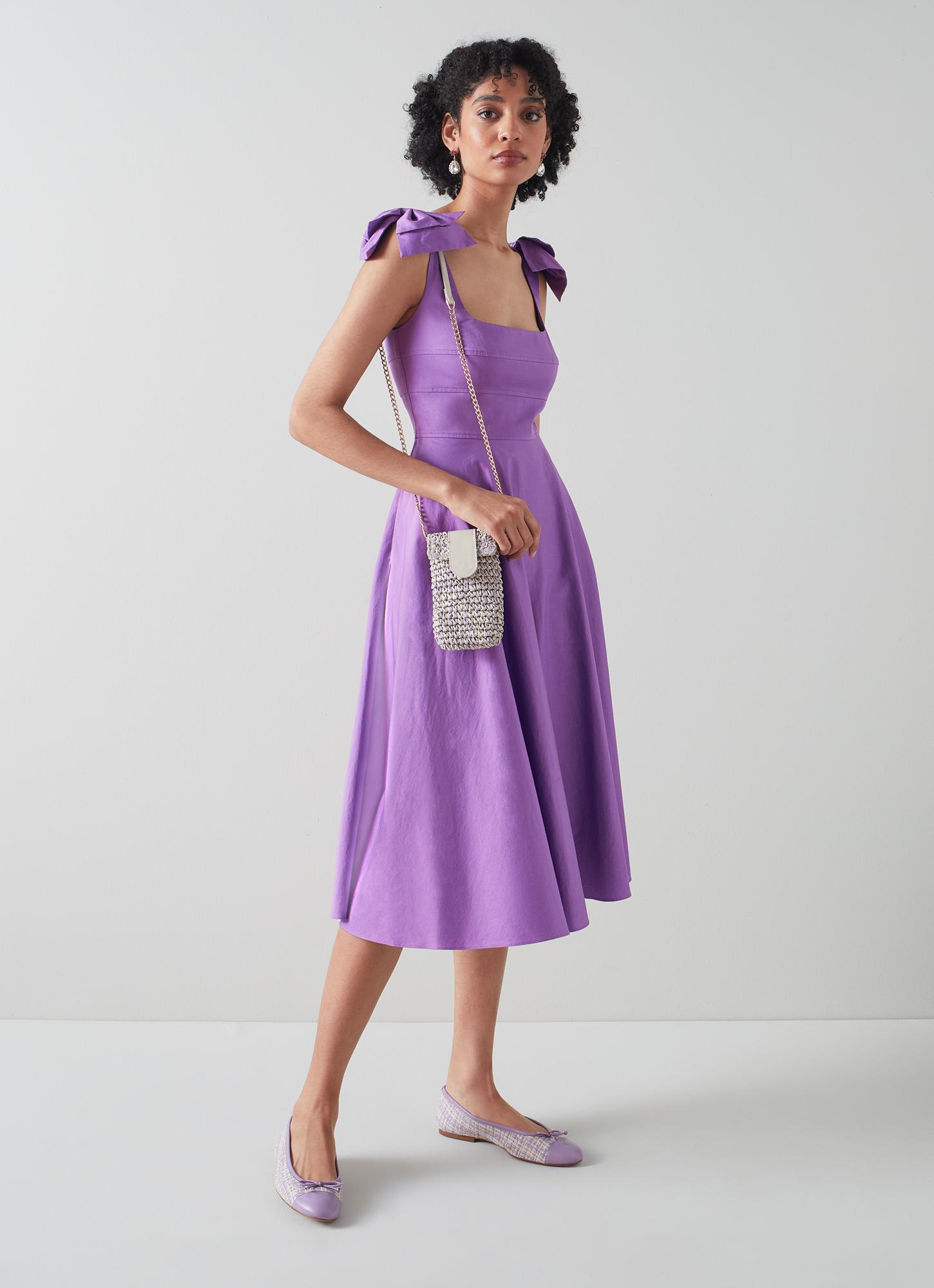 L.K.Bennett Emerald Purple Cotton Bow Shoulder Dress, Purple