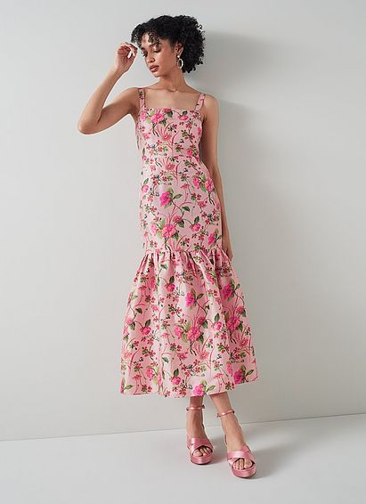 Essie Pink Chine Floral Print Raw Silk Dress, Pink