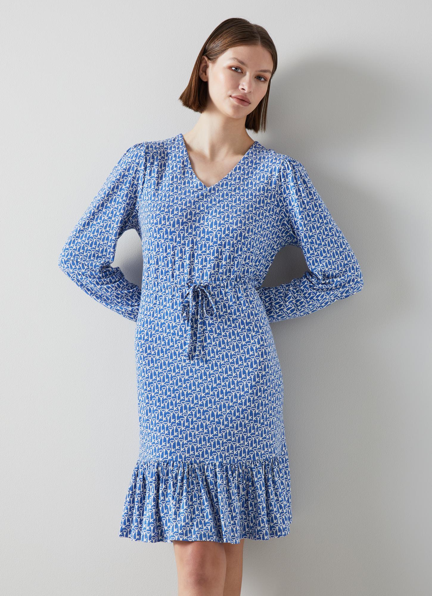 Everly Blue and Cream Key Print Dress with LENZING™ ECOVERO
