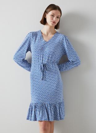  Everly Blue and Cream Key Print  Dress with LENZING™ ECOVERO™ viscose