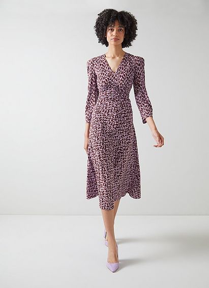 Gabrielle Lilac And Brown Graphic Cheetah Print Silk Midi Dress Purple, Purple