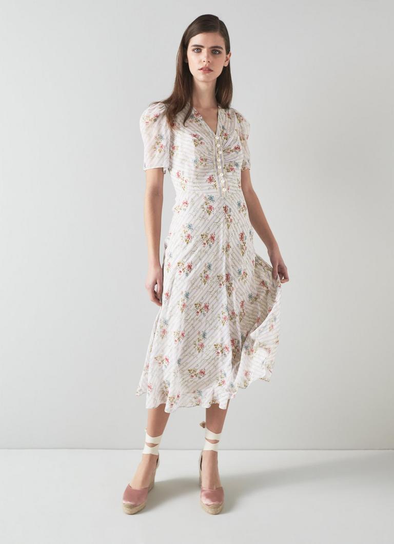 Holzer Cream And Blue Wildflower Stripe Print Silk Dress