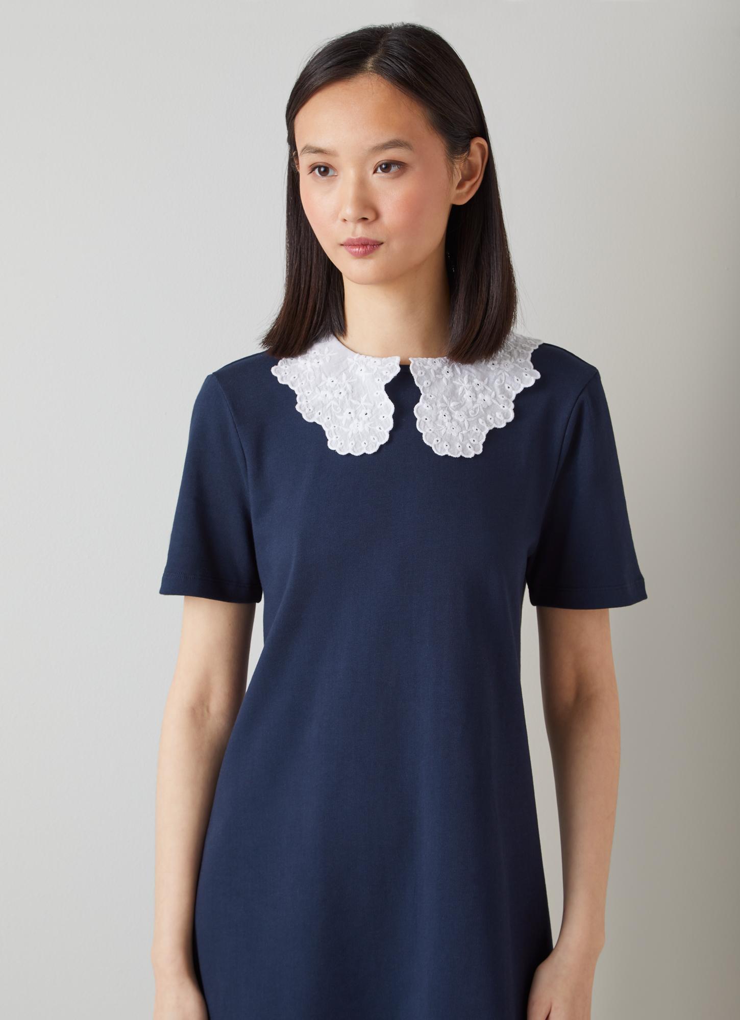 ワンピース Cotton Jersey Embroidered Collar Dress Jada Embroidered Collar Jersey Shirt Dress | Vintage-Inspired Teal
