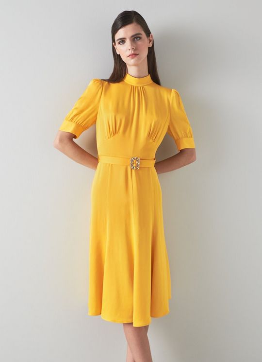 L.K.Bennett India Yellow Satin Crystal-Buckle Dress, Yellow