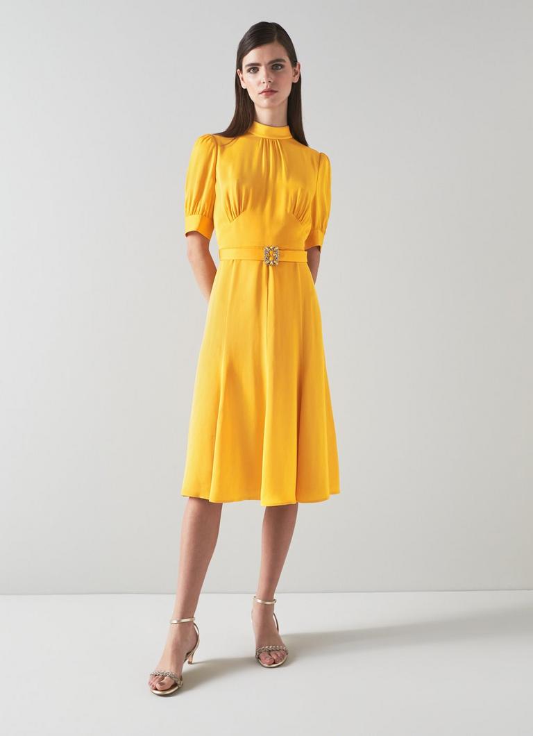 India Yellow Satin Crystal Buckle Dress Sale Collections