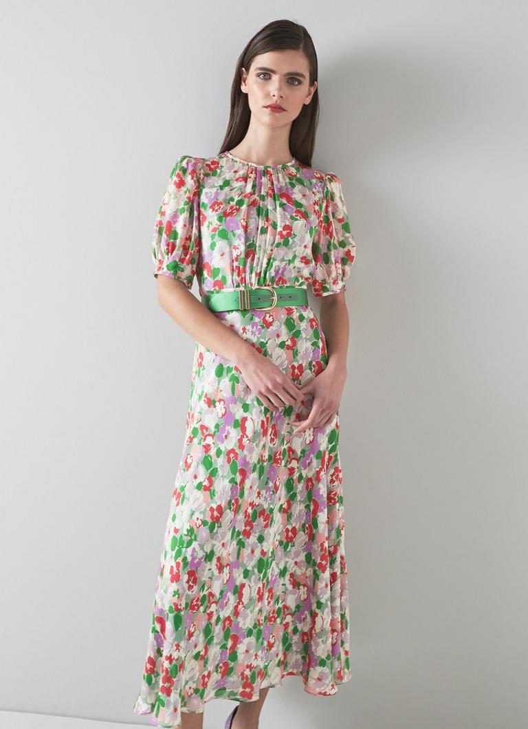Jemima Watercolour Floral Print Silk Open Back Dress