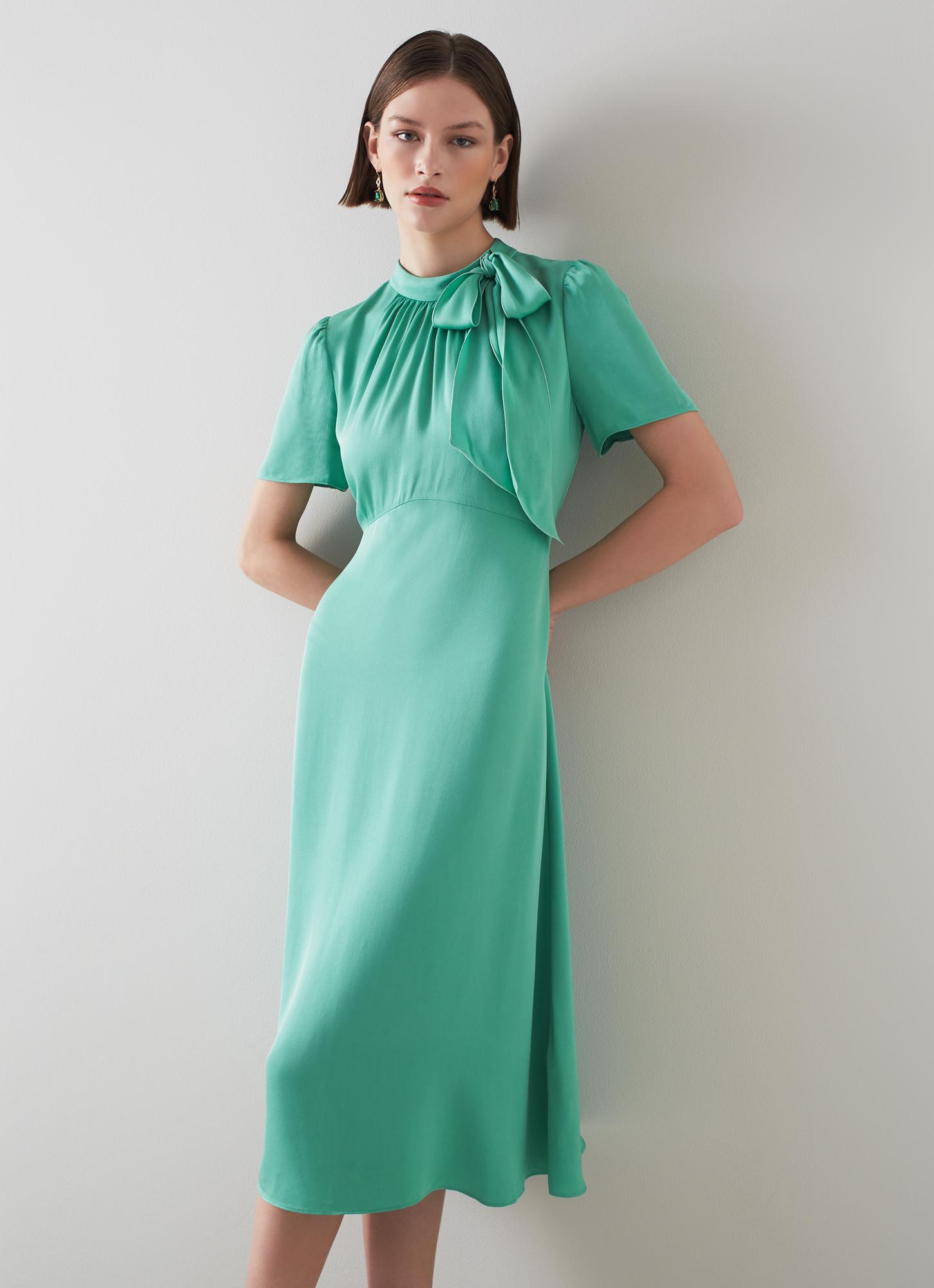 L.K.Bennett Kline Jade Crepe Tie-Neck Midi Dress Green, Green