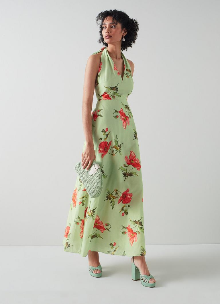Kristen Pistachio Poppy Print Cotton Silk Backless Dress Wedding