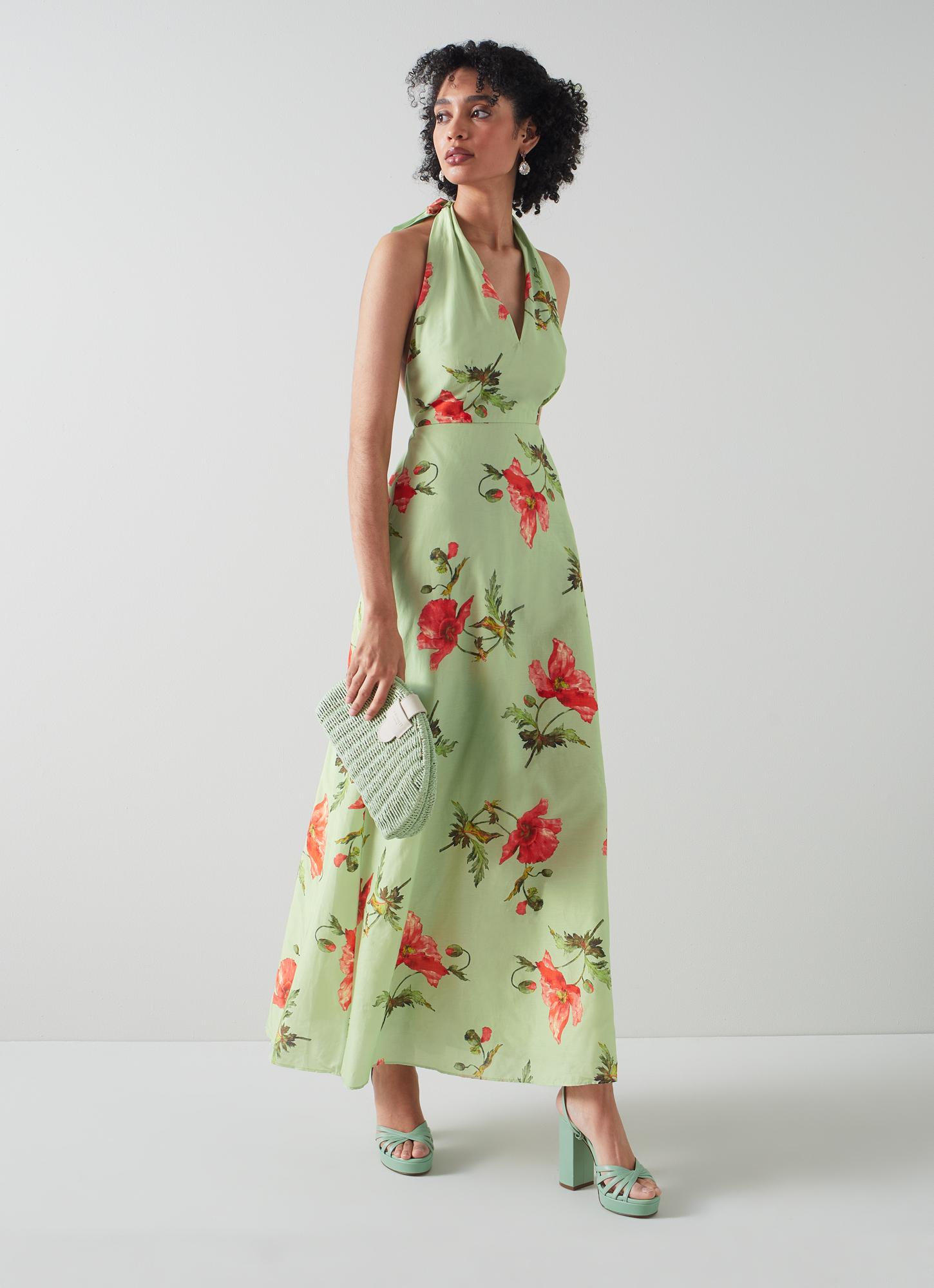L.K.Bennett Kristen Pistachio Poppy Print Cotton-Silk Backless Dress Green, Green