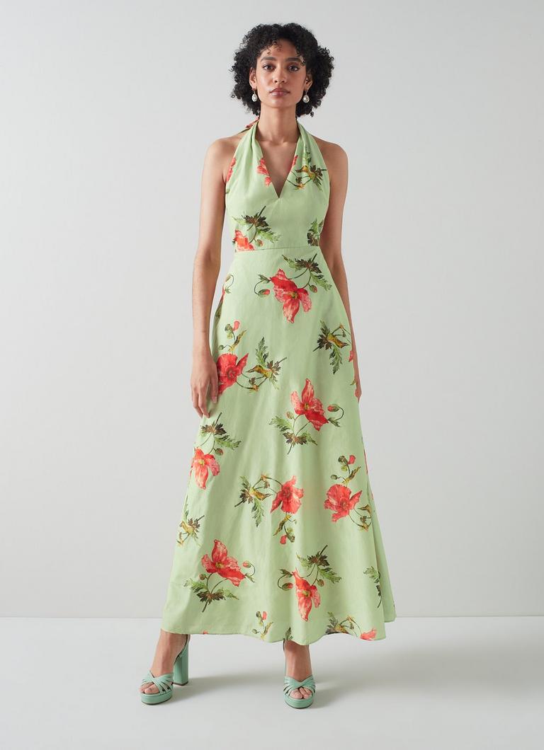 Kristen Pistachio Poppy Print Cotton Silk Backless Dress