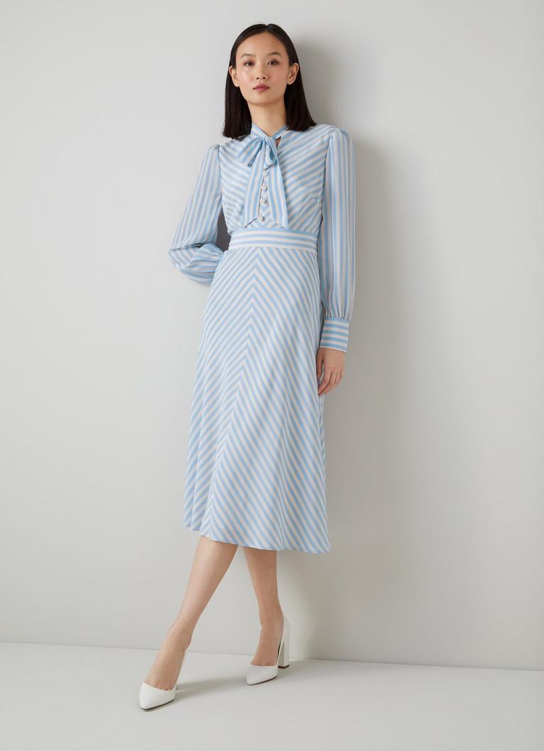 Marcellin Blue and Cream Stripe Silk Dress Sale Collections