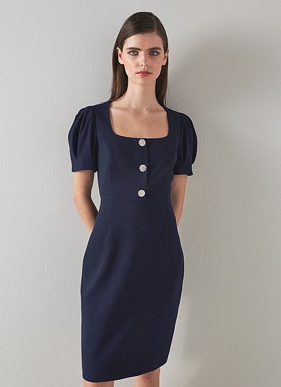 Marianne Navy Recycled Crepe Crystal Button Dress Navy Blue, Navy Blue