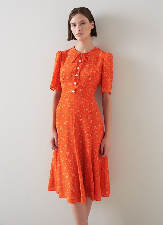 L.K.Bennett Montana Orange Flower Bow Print Silk Tea Dress, Orange