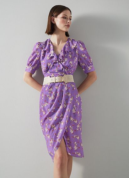 Ophelia Purple Cherry Blossom Print Ruffle Dress, Purple