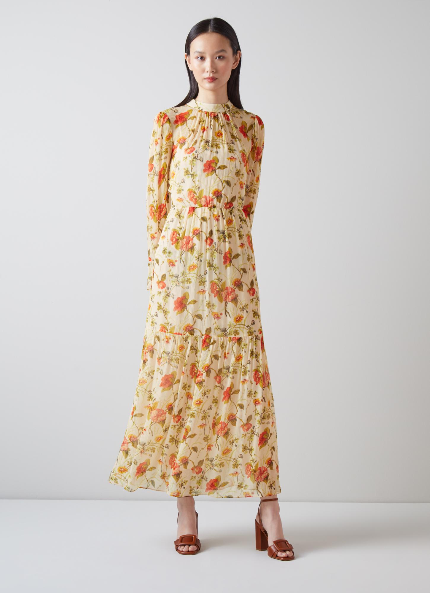 Swinton Cream and Red Chine Floral Print Silk Dress | The Archive