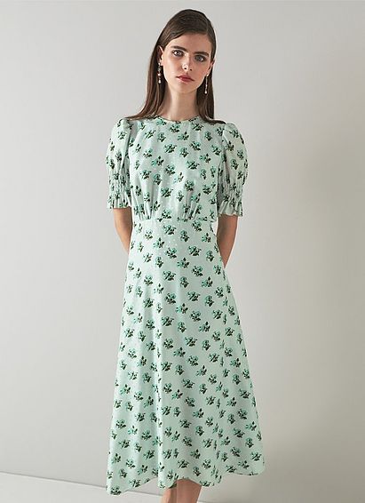 Tabitha Green Silk-Blend Spot Jacquard Primula Print Dress Morning Mist Multi, Morning Mist Multi