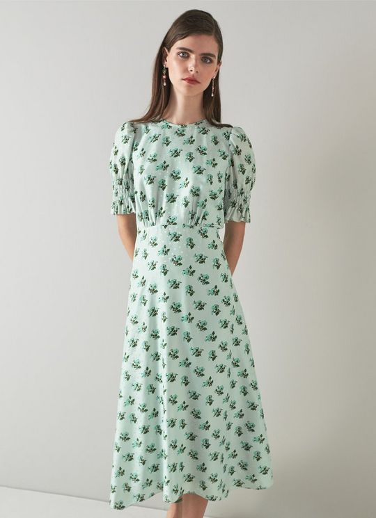 L.K.Bennett Tabitha Green Silk-Blend Spot Jacquard Primula Print Dress, Morning Mist Multi