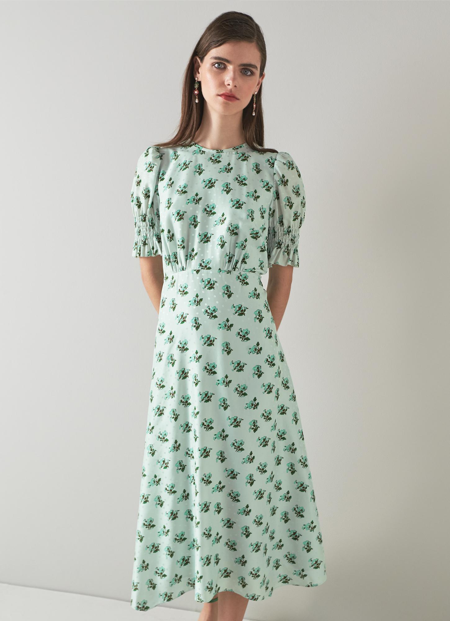 L.K.Bennett Tabitha Green Silk-Blend Spot Jacquard Primula Print Dress, Morning Mist Multi