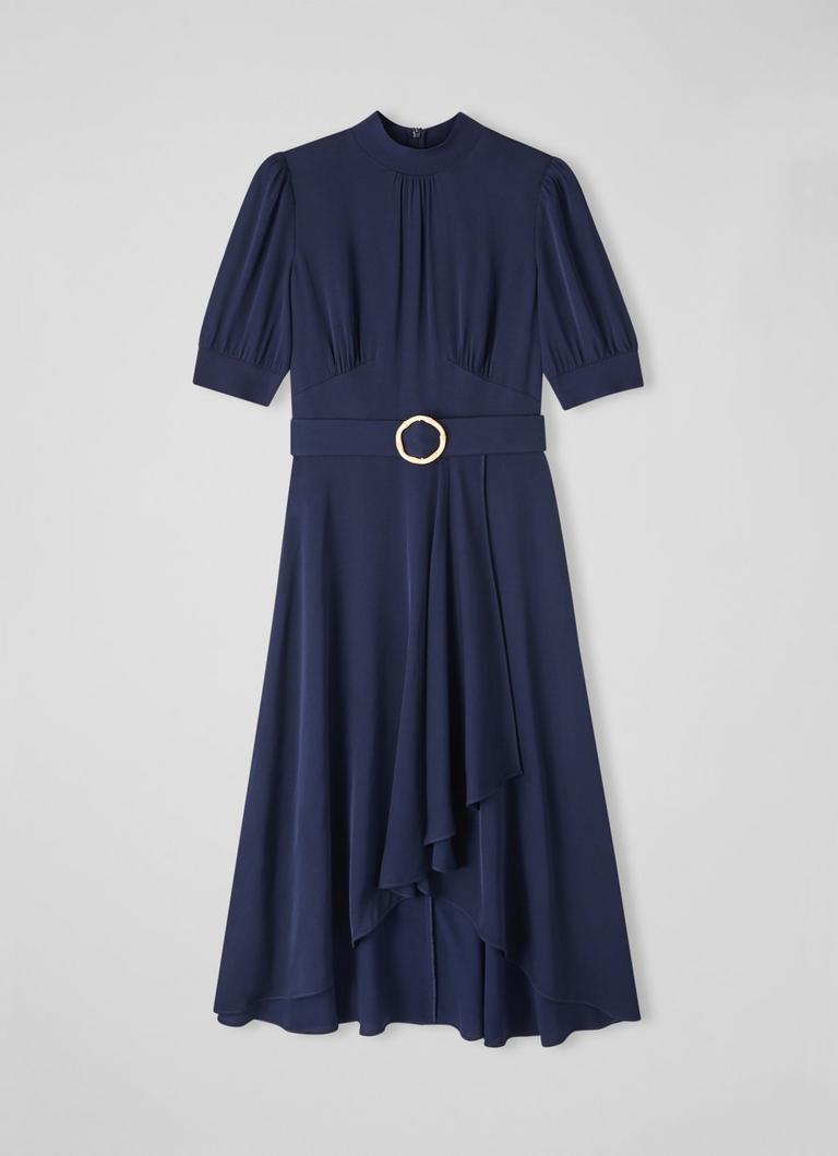 Violet Navy Satin Crepe Bamboo Buckle Midi Dress Sale