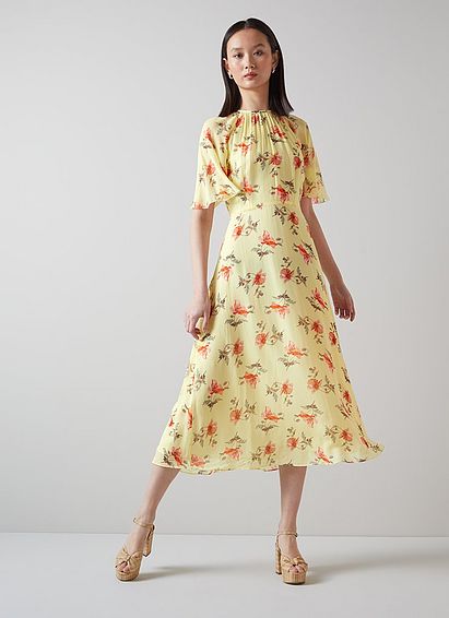 Elowen Yellow and Pink Giant Poppy Print Midi Dress, Yellow