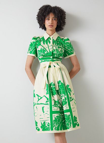 Fellini Green and Cream Tropical Print Cotton Shirt Dress, Green