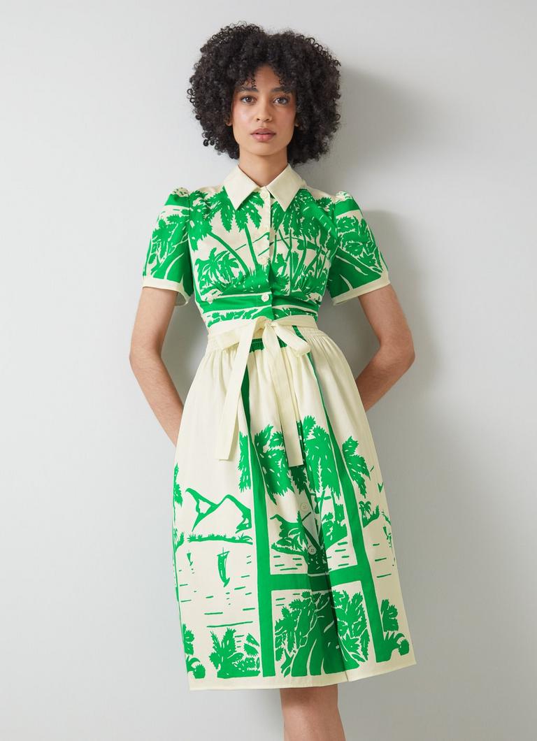 Fellini Green and Cream Tropical Print Cotton Shirt Dress Sale