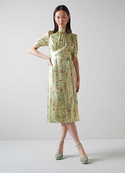 Finch Green Metallic Cherry Blossom Print Silk Dress, Green