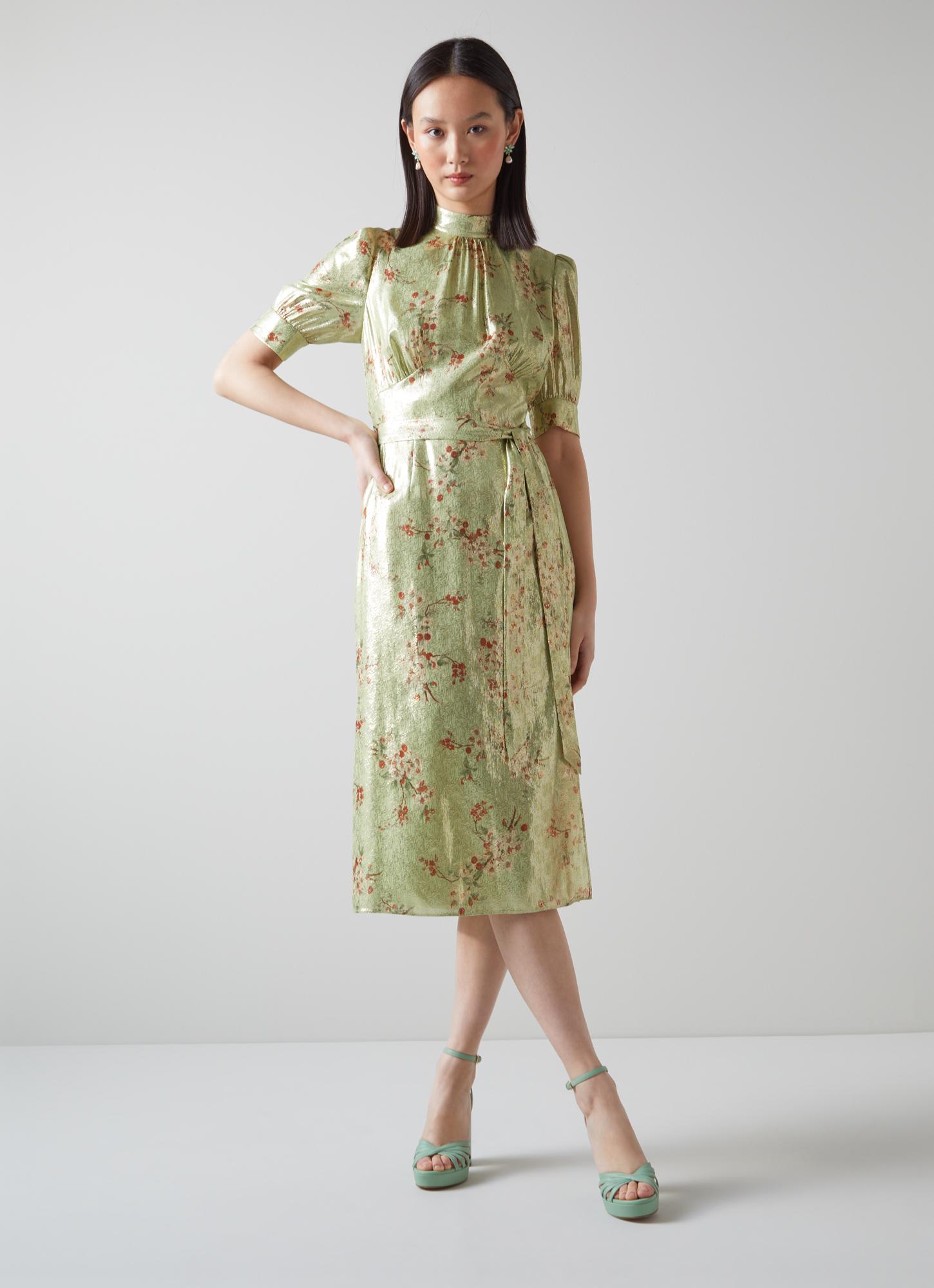L.K.Bennett Finch Green Metallic Cherry Blossom Print Silk Dress, Green