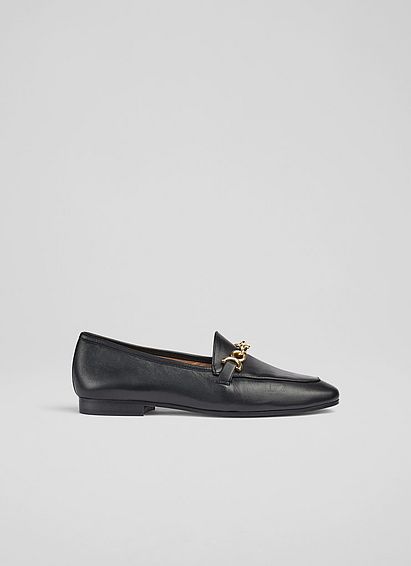 Adalynn Black Leather Snaffle Loafers, Black
